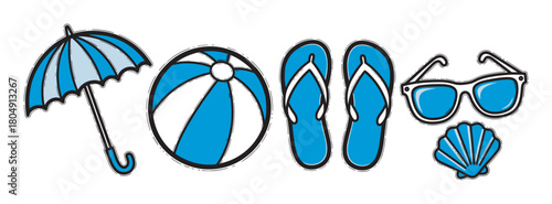 A collection of blue summer beach vacation icons including an umbrella, ball, flip-flops, sunglasses, and seashell, all rendered in a hand-drawn cartoon illustration style