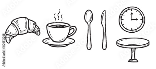 Set of cafe-themed doodle illustrations with a fresh pastry, hot beverage, spoon, knife, round clock, and a bistro table in a charming hand-drawn line art style