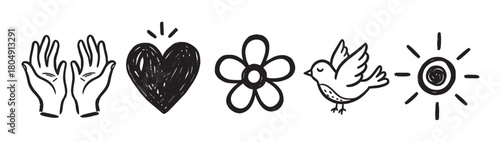 A set of hand-drawn doodle icons including open hands, a scribbled heart, a flower, a bird, and the sun, representing concepts of peace, love, and nature in a simple sketch style