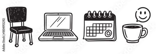 A set of black and white hand-drawn doodle icons representing office work, including a chair, laptop, desk calendar, coffee mug, and a happy smiley face speech bubble