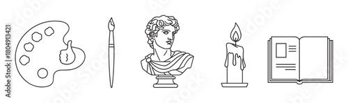 A minimalist line art collection of dark academia symbols featuring a classical sculpture, artist's palette, paintbrush, burning candle, and an open book for a scholarly aesthetic
