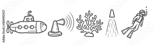 A set of hand-drawn underwater exploration icons featuring a submarine, sonar, coral, light beam, and a scuba diver in a simple black and white doodle sketch style