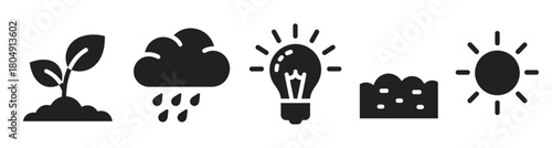 A set of black glyph icons representing the process of plant growth, including a seedling, rain cloud, light bulb, soil, and sun, symbolizing agriculture and ecology