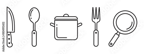 A set of black and white line art icons showing a knife, spoon, cooking pot, fork, and a magnifying glass representing food, cooking, and search concepts