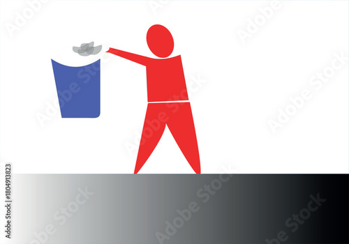 Stick figure putting trash in a bin, waste disposal concept. isolated on white background, Vector