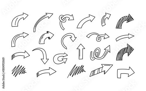 Collection of hand drawn doodle arrows in various styles and directions on white background