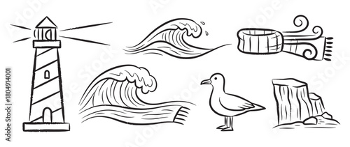 A collection of hand-drawn black and white nautical illustrations featuring a lighthouse, crashing ocean waves, a standing seagull, rugged sea cliffs, and a rolled scarf with decorative swirling ends