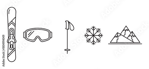 A set of minimalist black line art icons for winter sports, including a ski with binding, goggles, a pole, a snowflake, and a mountain range in a modern outline style