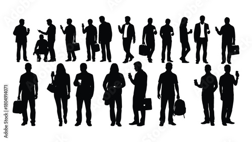 Silhouettes of people using mobile phones isolated on white background, Vector