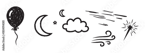 A collection of hand-drawn black doodle elements including a balloon, crescent moon, star, cloud, and wind symbols in a simple, sketchy, monochrome illustration style