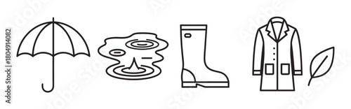 A collection of minimalist black line icons representing autumn weather essentials, including an umbrella, a puddle with ripples, a rubber boot, a raincoat, and a leaf in a simple graphic style