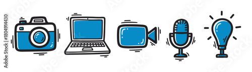 Hand-drawn blue and black icons in a doodle style for content creation and technology, with a camera, laptop, video recorder, microphone, and a glowing light bulb