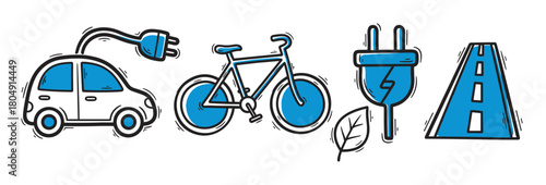 Eco-friendly transportation concept illustrated with hand-drawn icons of an electric vehicle, a bicycle, a power plug, a leaf, and a road, highlighting sustainable and green mobility