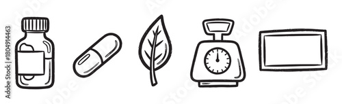 Collection of rough, hand-sketched icons for medicine and wellness, featuring a bottle, capsule, leaf, scale, and rectangular frame in a simple line art style