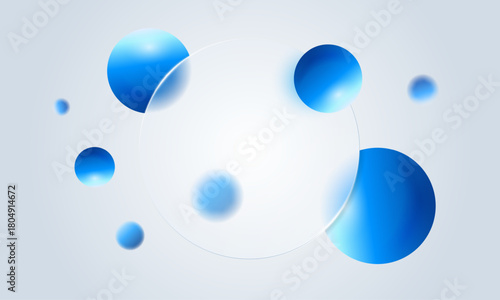 Glossy glassmorphism button with blurred spheres and blue white gradient forms a clean round UI look. Transparent 3D glass morphism elements build a modern digital banner perfect stylish mockups.