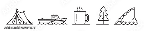 A collection of minimalist black line art icons depicting outdoor adventure and camping themes, including a teepee, boat, steaming mug, pine tree, and fishing rod