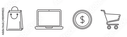 A collection of minimalist black line art icons representing e-commerce, including a shopping bag, laptop, dollar coin, and cart, symbolizing digital retail and online payment