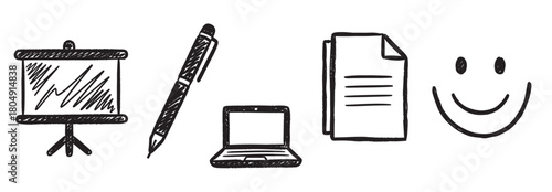 A collection of hand-drawn business and office icons, including a presentation screen, pen, laptop, documents, and a smiley face, rendered in a simple black sketch style