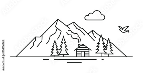 A serene line art illustration depicting a rustic mountain cabin with smoke rising from its chimney, surrounded by tall pine trees, majestic peaks, a cloud, and a flying bird