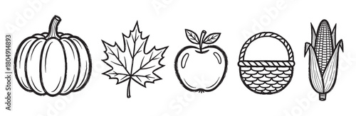 Hand-drawn autumn harvest collection with a pumpkin, maple leaf, apple, wicker basket, and corn cob, illustrated in a simple black and white sketchy line art style