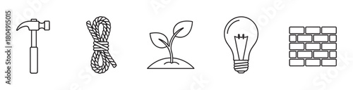 Minimal vector icon set with a hammer, coiled rope, growing plant, light bulb, and brick wall, symbolizing creation, connection, nature, ideas, and structure