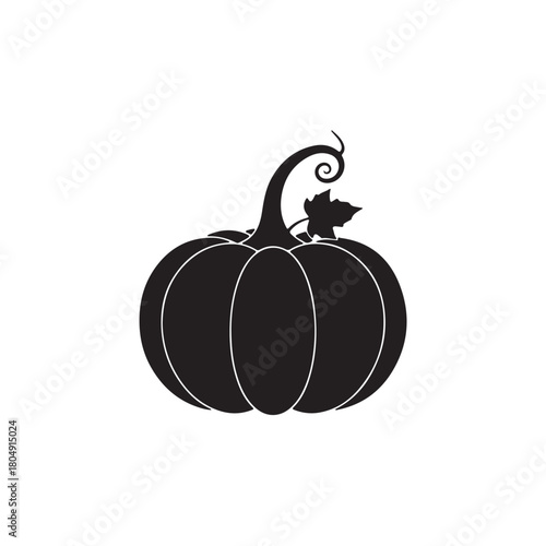 A simple black and white illustration of a pumpkin with a curved stem