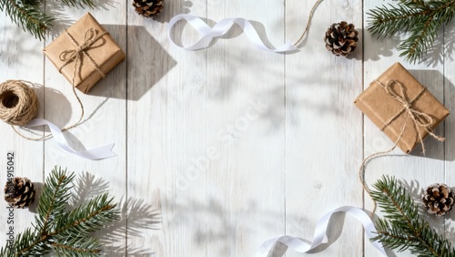 Natural kraft Christmas gifts with pinecones and white ribbon flatlay