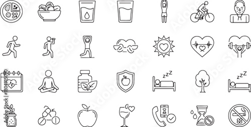 Healthy lifestyle vector icons set outline drawing wellness and fitness