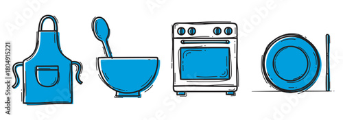 A set of hand-drawn kitchen and cooking icons including an apron, mixing bowl with a spoon, stove, and plate in a simple blue and black doodle style illustration