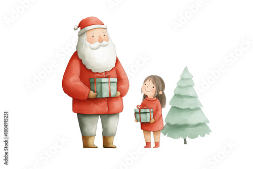 Hand drawn watercolor illustration of Santa Claus and a little girl. Christmas characters with gifts isolated.