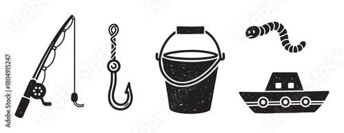 A charming set of monochrome fishing equipment illustrations featuring a fishing pole, a baited hook, a pail, an earthworm, and a small ship, all in a rustic, hand-drawn doodle style