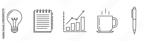 Minimalist line art icons for office and startup concepts, featuring an idea lightbulb, planner notebook, financial growth graph, hot beverage mug, and a writing pen in a row