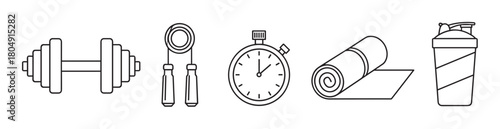 Minimalist line art illustration of gym and workout accessories, featuring a dumbbell, hand gripper, stopwatch, rolled exercise mat, and a protein shaker for a healthy lifestyle