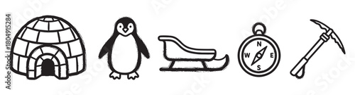 A set of monochrome winter adventure symbols featuring an igloo, penguin, sleigh, compass, and ice axe, all illustrated in a rough, textured, hand-drawn style