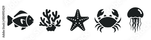 A set of marine life pictograms featuring a tropical fish, coral reef plant, starfish, crustacean crab, and a jellyfish, all rendered in a simple black glyph illustration style