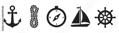 A graphic set of five black nautical symbols, including a classic anchor, coiled rope, simple compass, sailboat, and a ship's helm, representing maritime travel and adventure