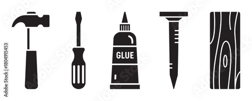 A set of minimalist black icons for DIY projects and carpentry, featuring a hammer, screwdriver, glue bottle, a large nail, and a piece of wood with a grain pattern