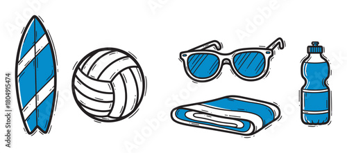 A collection of hand-drawn summer beach vacation essentials including a surfboard, volleyball, sunglasses, towel, and water bottle in a blue and black doodle style