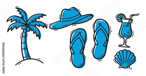 Set of summer holiday elements in a graphic doodle style, featuring a tropical palm tree, sun hat, beach sandals, a refreshing cocktail, and a seashell illustration