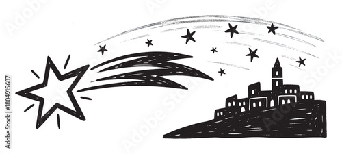 A charming hand-drawn illustration of a large Christmas star with a long tail streaking across a starry sky above the silhouette of a small, ancient hilltop town