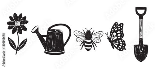 Set of rustic, monochrome illustrations for gardening and nature, featuring a flower, watering can, honeybee, butterfly, and a small shovel with a textured, woodcut effect