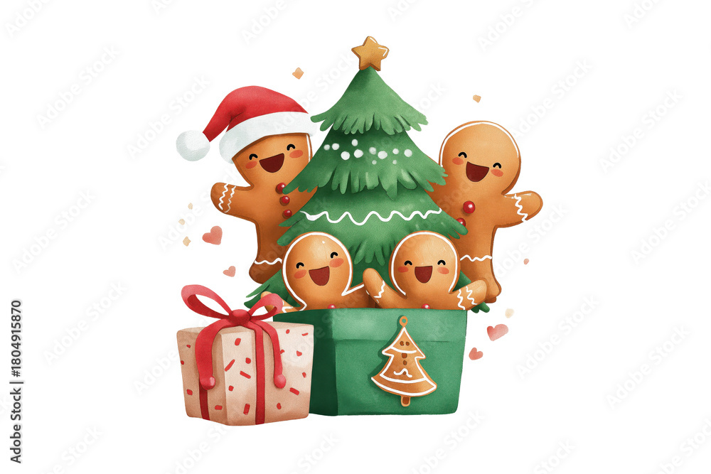Fototapeta premium Gingerbread men family by a Christmas tree hand drawn in watercolor. Cute holiday characters with a gift isolated.