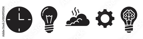 Minimalist black silhouette icons including a clock, lightbulb, steaming cloud, gear, and brain, symbolizing the creative process, innovation, and problem-solving
