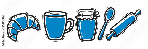 A hand-drawn collection of kitchen and bakery icons in a simple cartoon style, featuring a croissant pastry, a hot drink in a mug, a preserve jar, a spoon, and a rolling pin