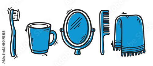 A set of blue bathroom accessories including a toothbrush, mug, tabletop mirror, comb, and towel, depicted in a simple, hand-drawn doodle style with bold black outlines