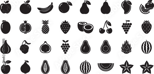 Assorted Fruit Silhouettes Black and White Vector Graphic Collection Fresh Food