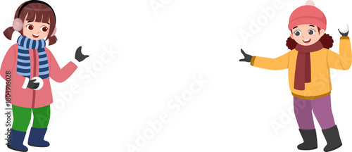 Two little girls throwing snowballs in a fun winter snow fight. Cute cartoon children enjoying outdoor play. Perfect for winter, holidays, and kids illustrations.