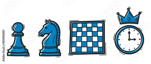 Hand-drawn set of blue chess game icons with a pawn, knight, checkered board, and a crowned clock, symbolizing strategic thinking and intellectual sport