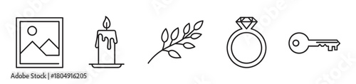 A collection of minimalist black line icons including a picture frame, candle, leafy branch, diamond ring, and key, representing various life concepts and symbols