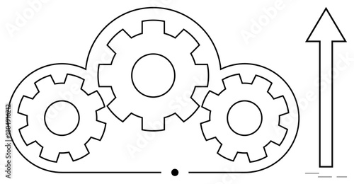 Interconnected gears inside a cloud outline paired with an upward arrow. Ideal for technology, innovation, cloud computing, efficiency, system optimization, progress, teamwork. Simple flat metaphor